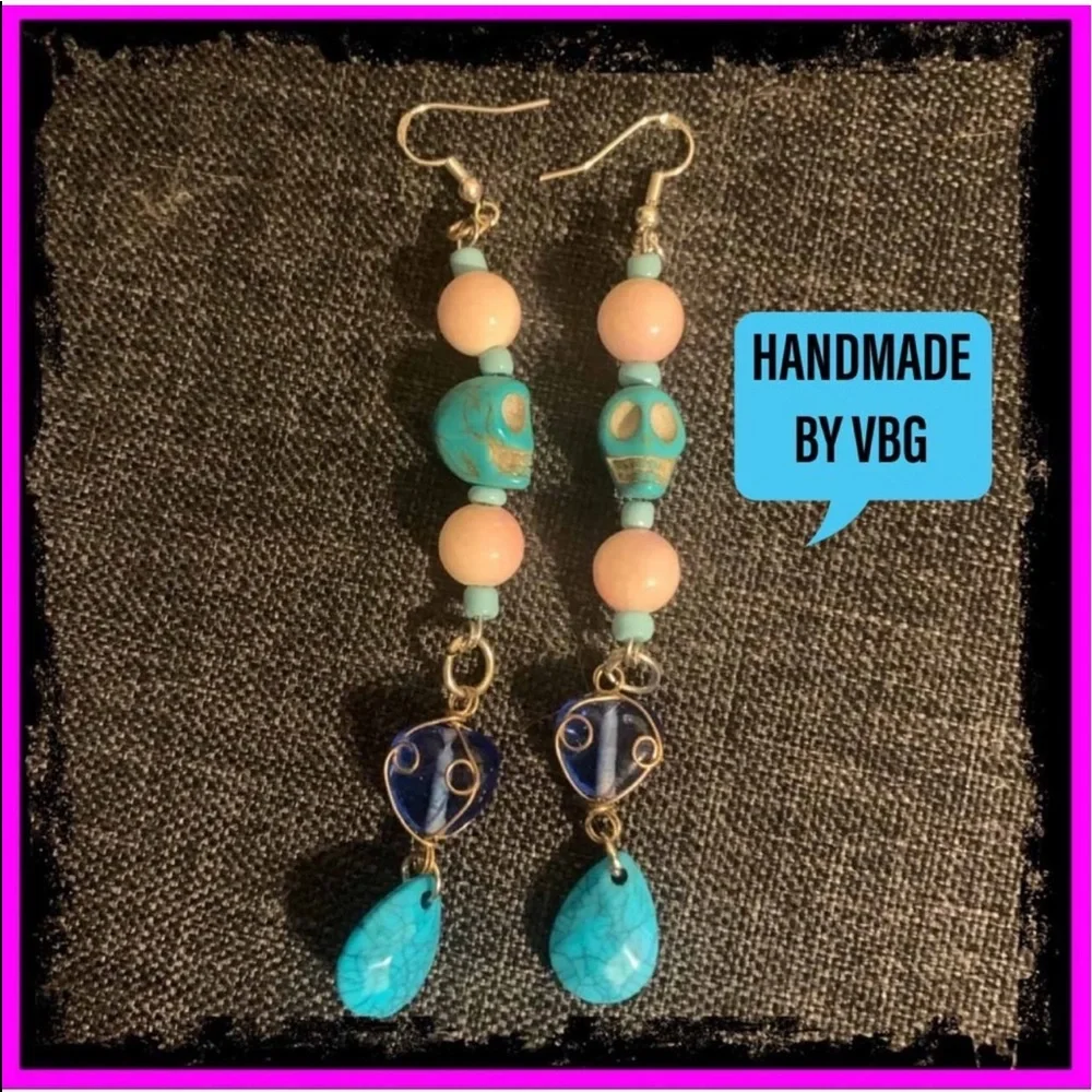 Handmade New S925 Sterling Silver Turquoise Rhodonite Skull Candy Drop Earrings